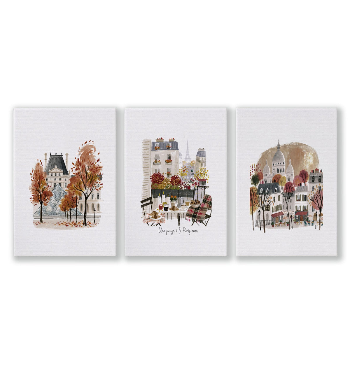 3 Pictures on Wall Autumn Paris Eiffel Tower & Louvre Travel Art Prints | "Une Pause à la Parisienne" | Set of 3