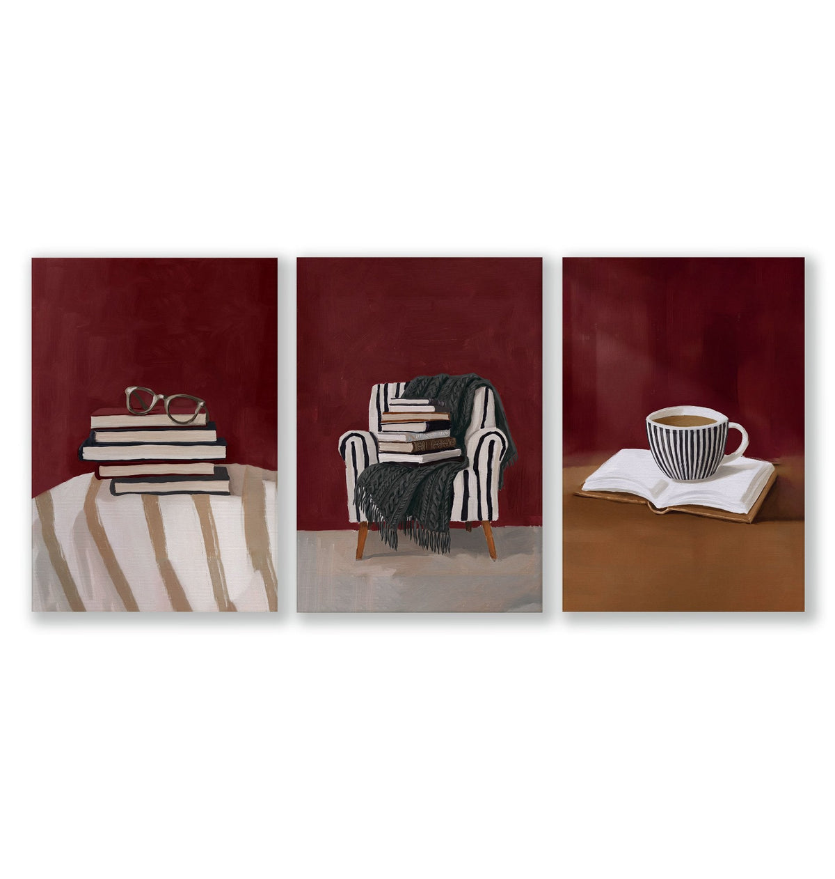 Lounge Room Wall Decor Bohemian Book Lover Burgundy Art Prints | Set of 3
