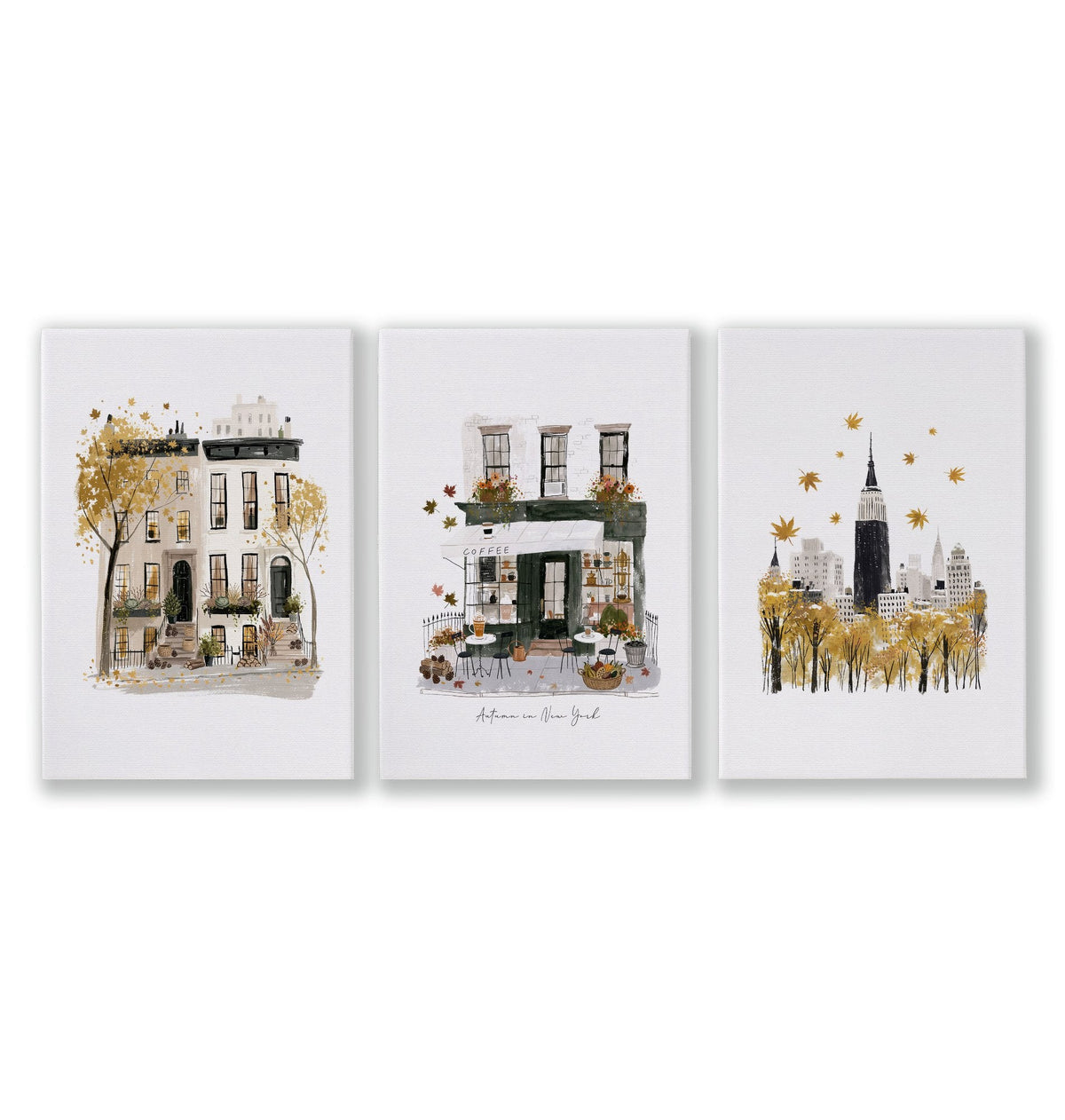 Framed New York Wall Art "Autumn in New York" Ochre Watercolour Travel Prints | Set of 3