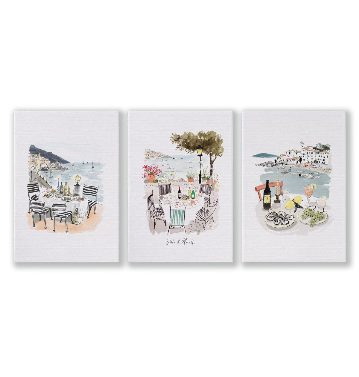 Wall Art for Hallway Entrance Mediterranean Coastal Dining Scene "Solo di Amalfi" | Set of 3