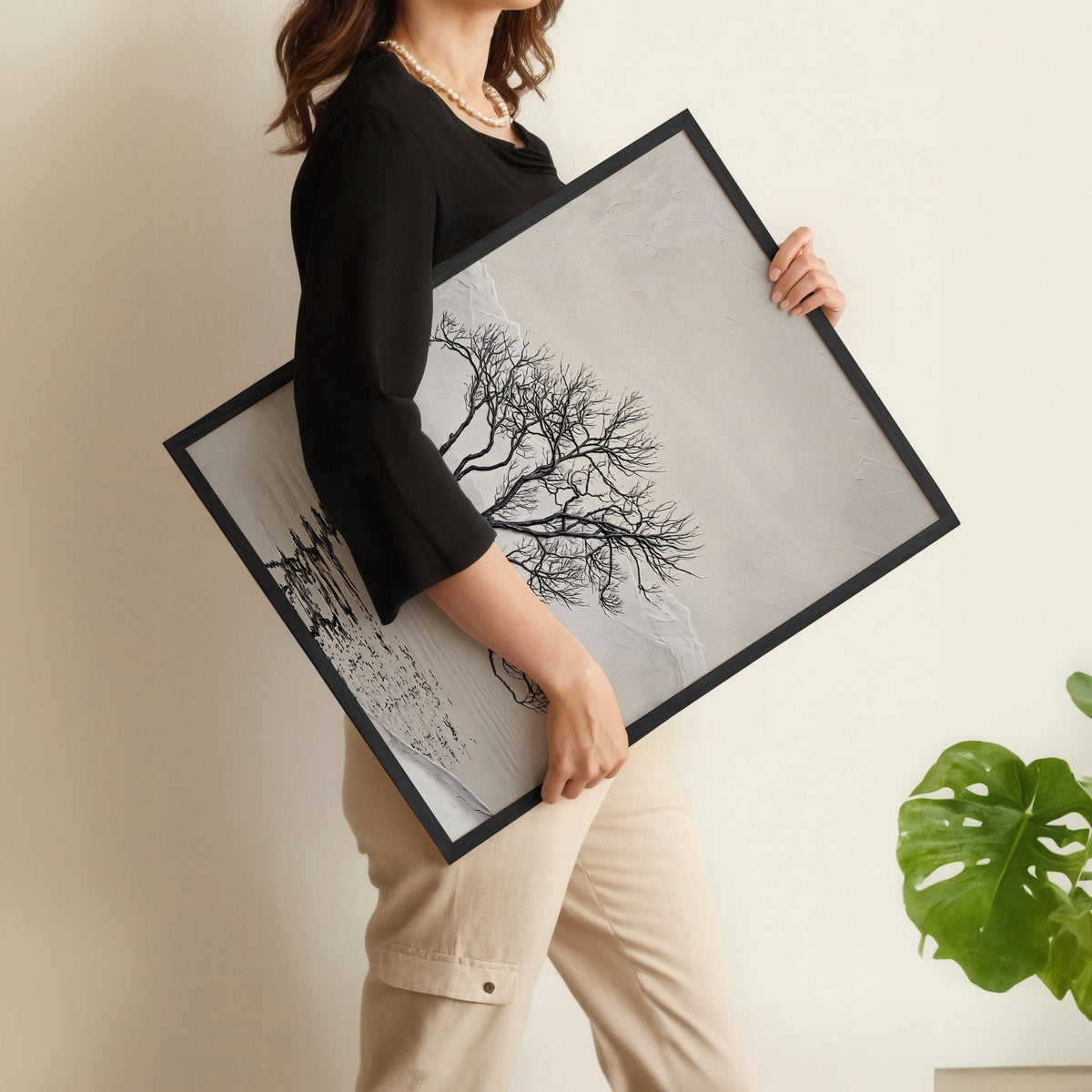Scandinavian Art Prints Nordic Landscape Trees & Moon Neutral Beige Black | Set of 3