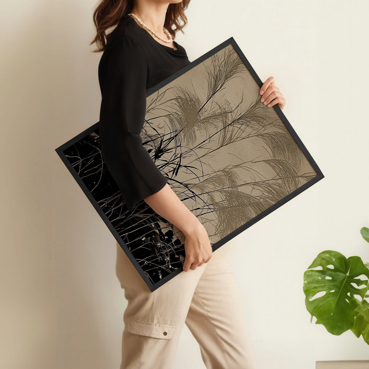 Modern Asian Wall Art Japanese Crescent Moon & Pampas Grass Japandi Prints | Set of 3