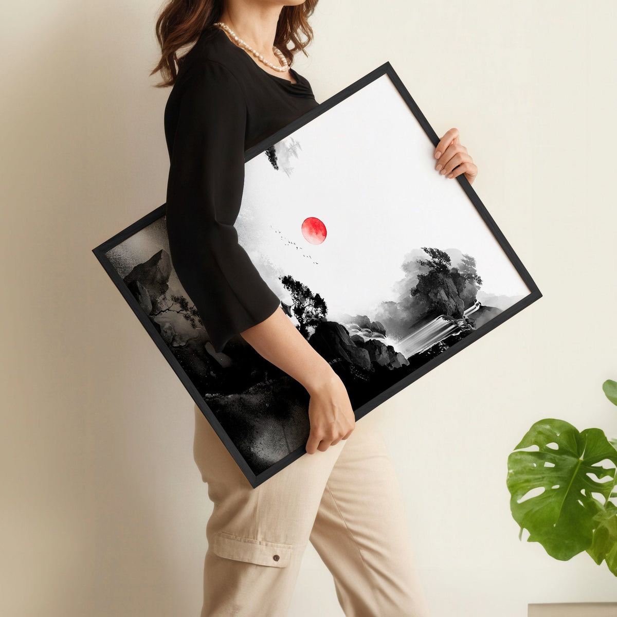 Ideas for Dining Room Wall Art | Japanese Ink Landscape Red Sun Black White | Set of 3