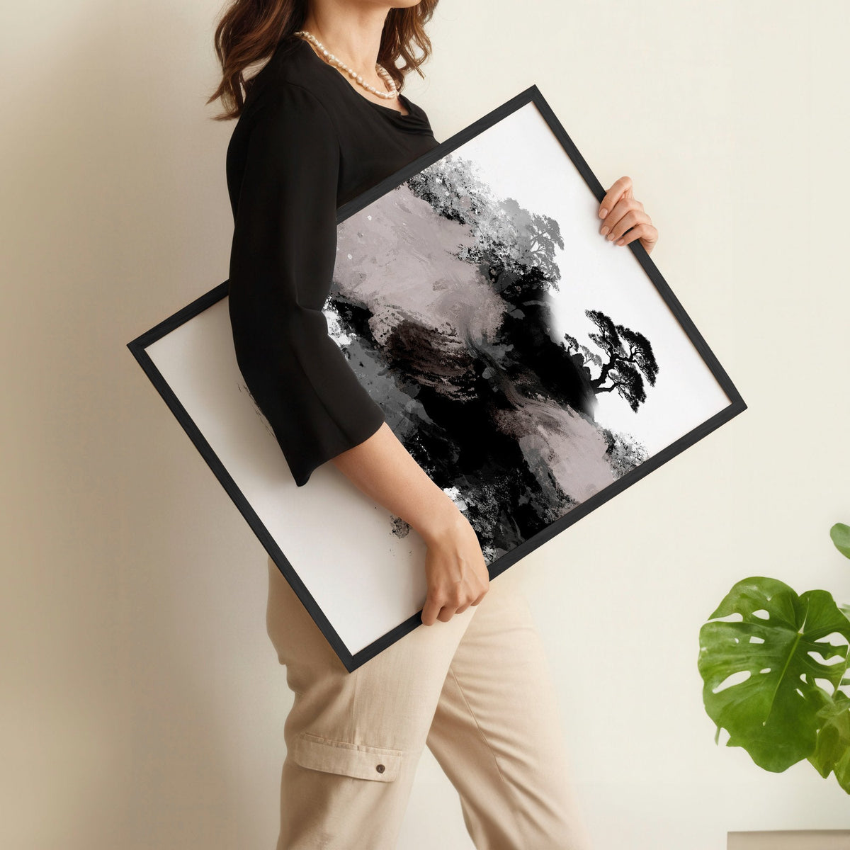 Calming Wall Art Japanese Ink Landscape with Maroon Sun, Black Pine Trees & Lone Fisherman | Set of 3