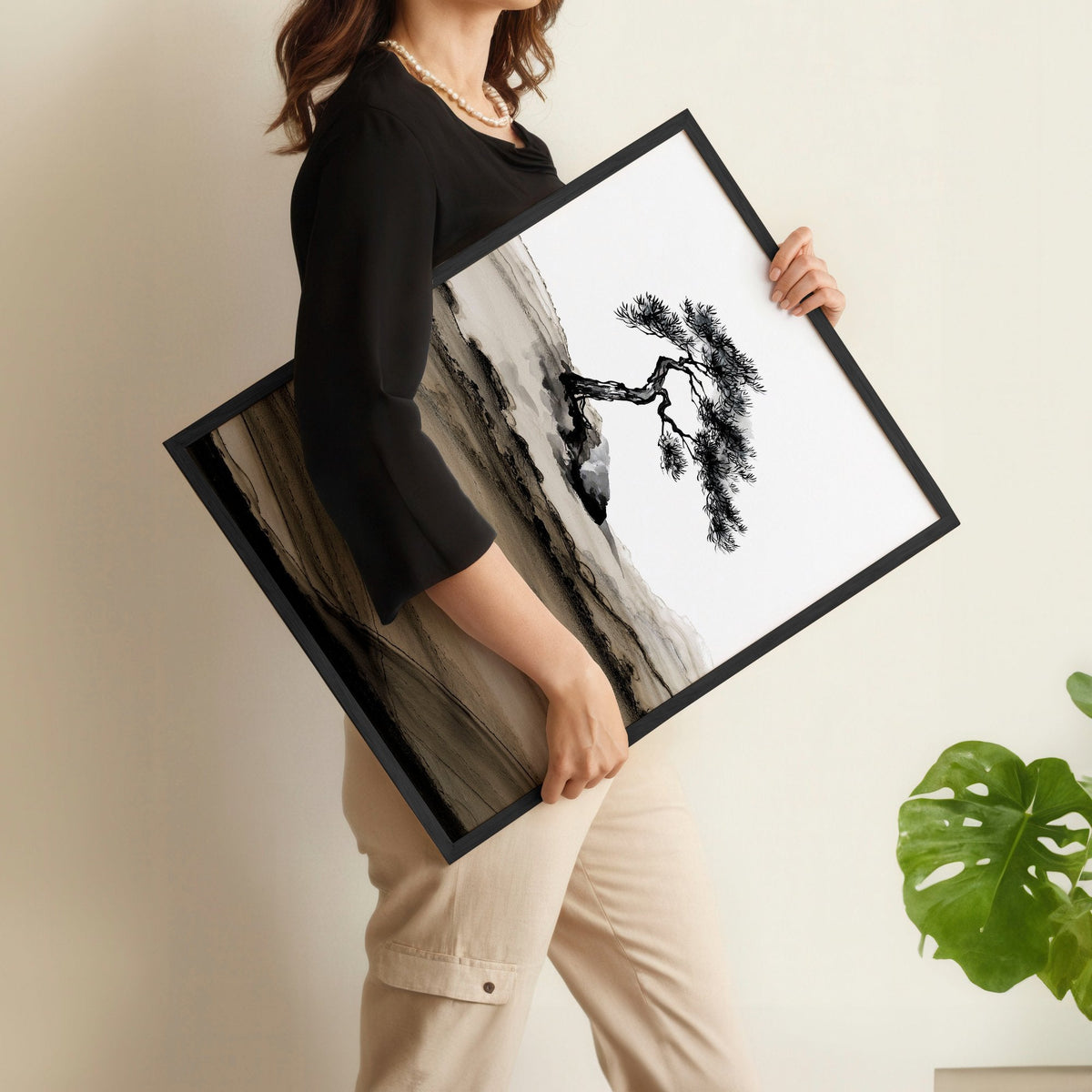 Black Framed Pictures Japandi Pine Tree Ink Art | Set of 3