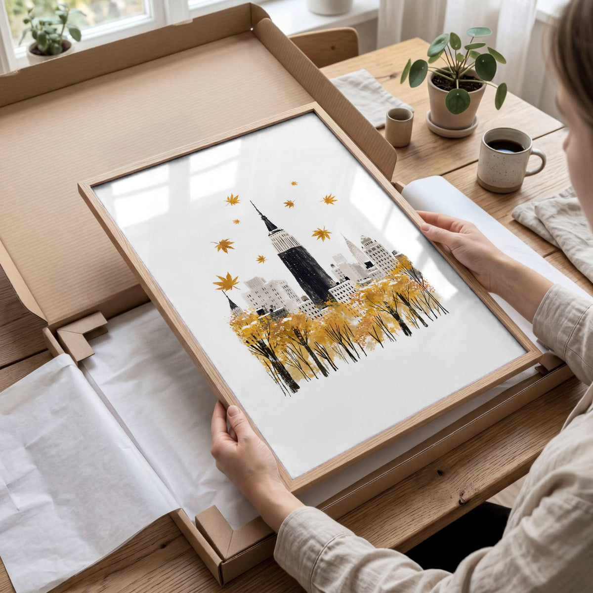 Framed New York Wall Art "Autumn in New York" Ochre Watercolour Travel Prints | Set of 3