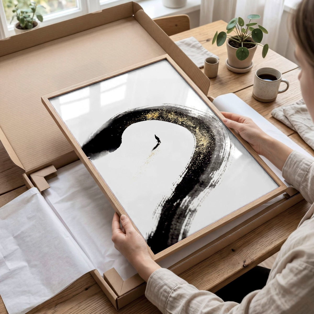 Japandi Wall Decor Black Ink Brush Solitary Figure with Gold-Toned Accents | Set of 3