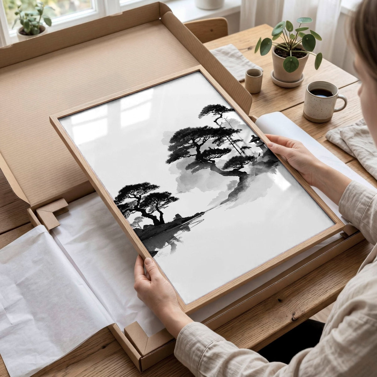 Landscape Art Painting Japanese Ink Zen Bonsai & Red Sun Wall Art Prints | Set of 3