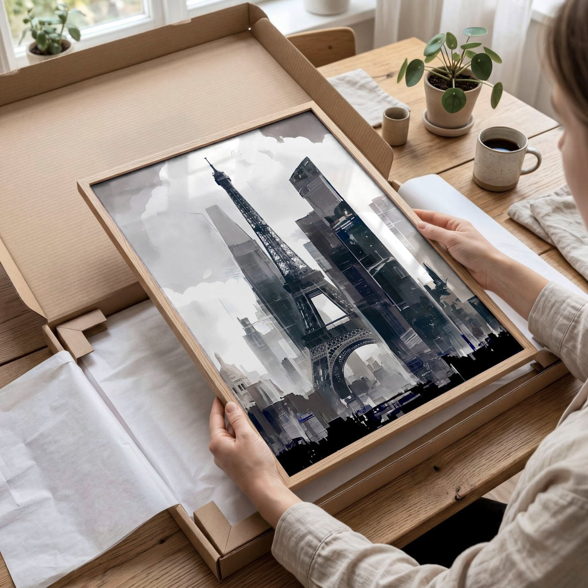 Modern Living Room Wall Art Paris Skyline Grey Watercolour Cityscape | Set of 3