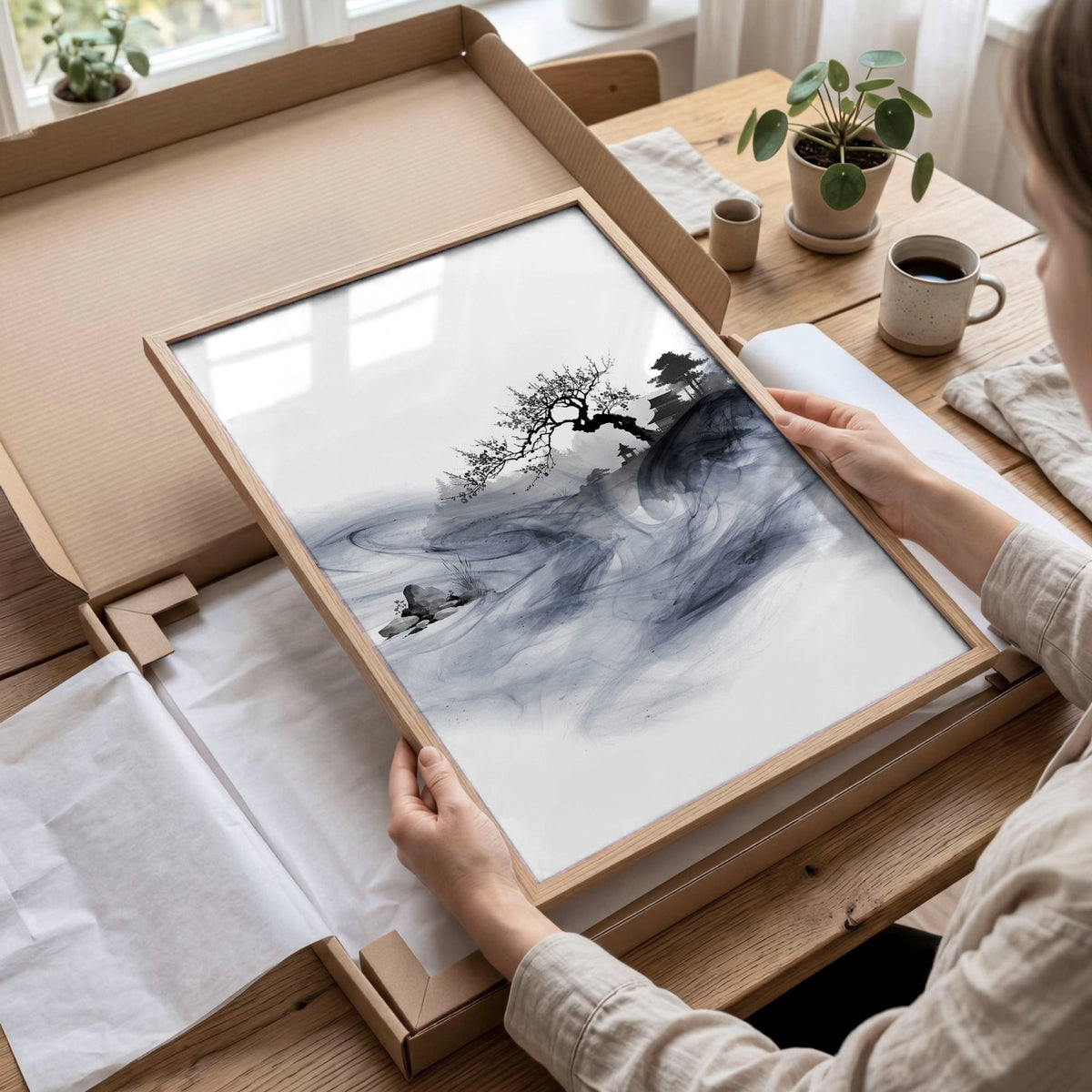 Large Wall Art Blue Japandi Ink Wash Landscape | Set of 3