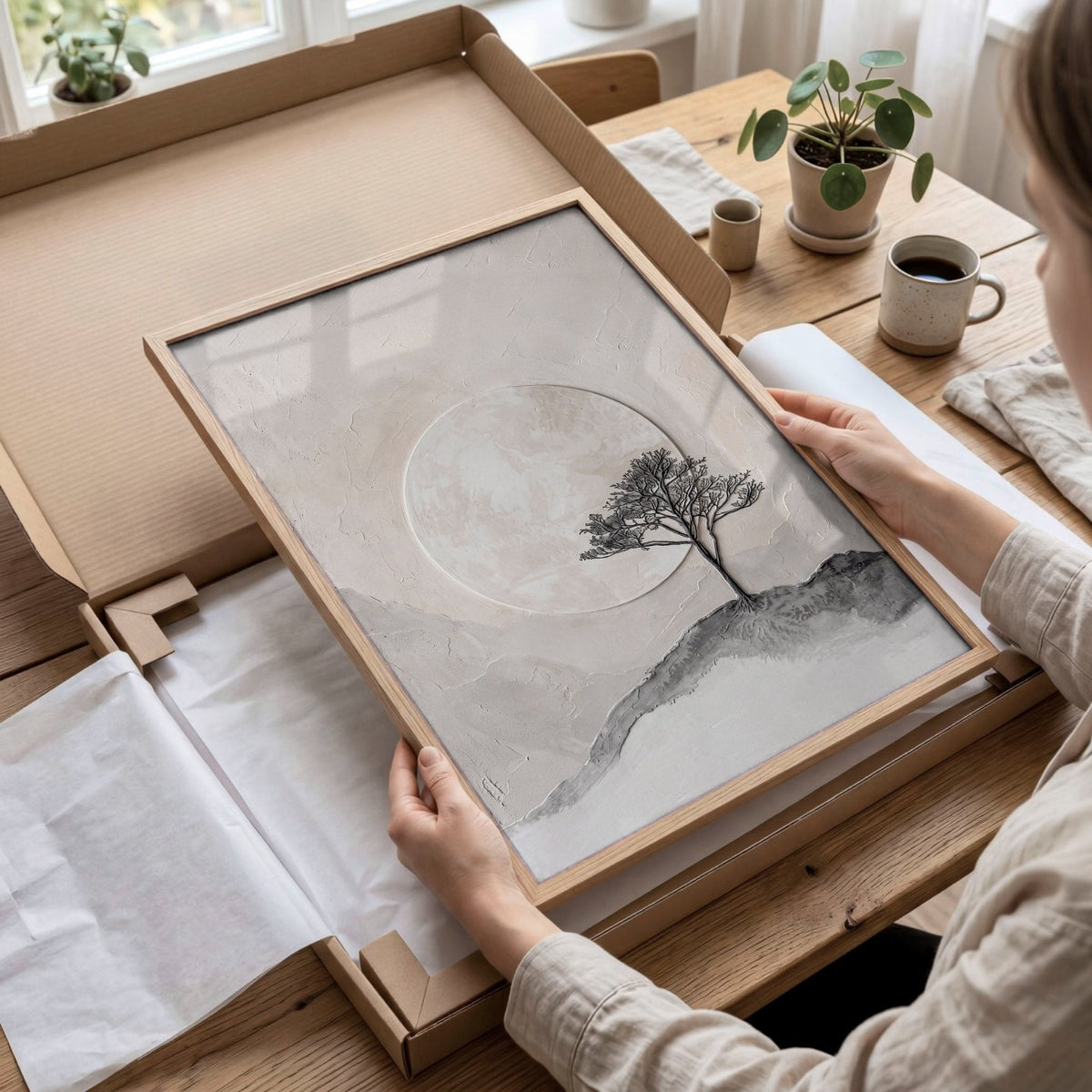 Scandinavian Art Prints Nordic Landscape Trees & Moon Neutral Beige Black | Set of 3