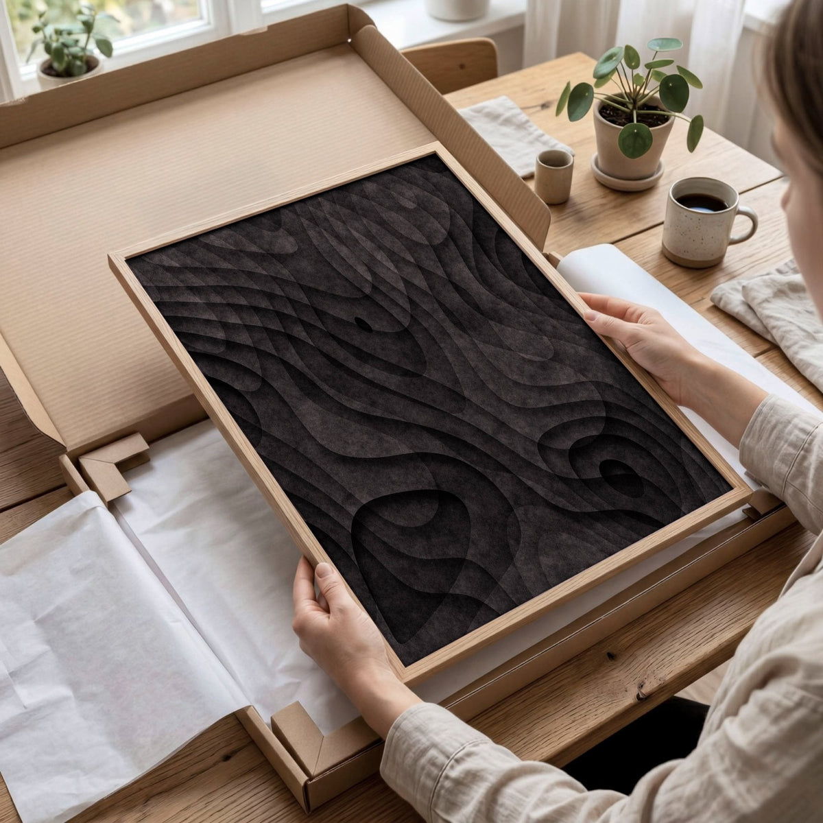 Abstract Wall Art Paintings Dark Charcoal Topographic Wave Texture | Set of 3