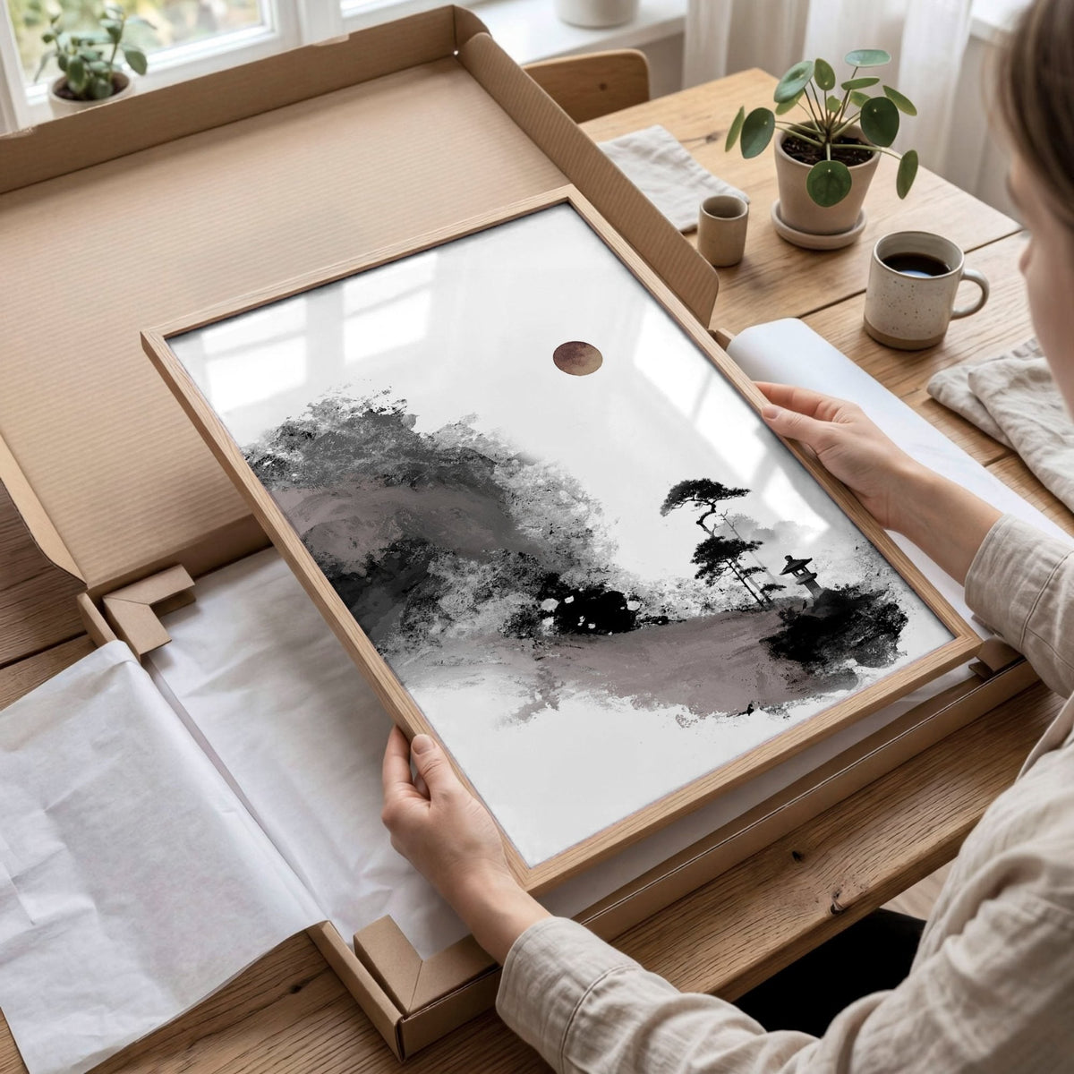 Calming Wall Art Japanese Ink Landscape with Maroon Sun, Black Pine Trees & Lone Fisherman | Set of 3