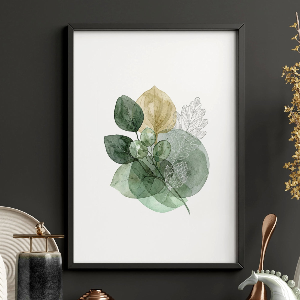 Leaves Print Watercolour Botanical Green & Gold-Tone Wall Art | Set of 3