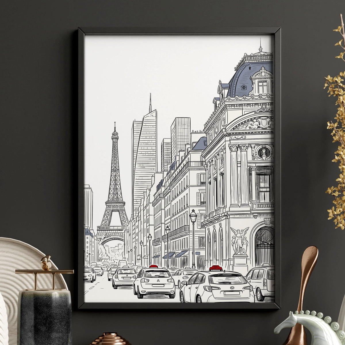Paris Posters Black & White Street Scene with Eiffel Tower | Set of 2