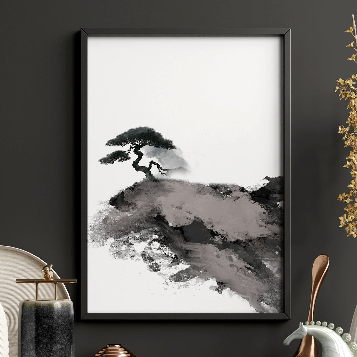 Calming Wall Art Japanese Ink Landscape with Maroon Sun, Black Pine Trees & Lone Fisherman | Set of 3