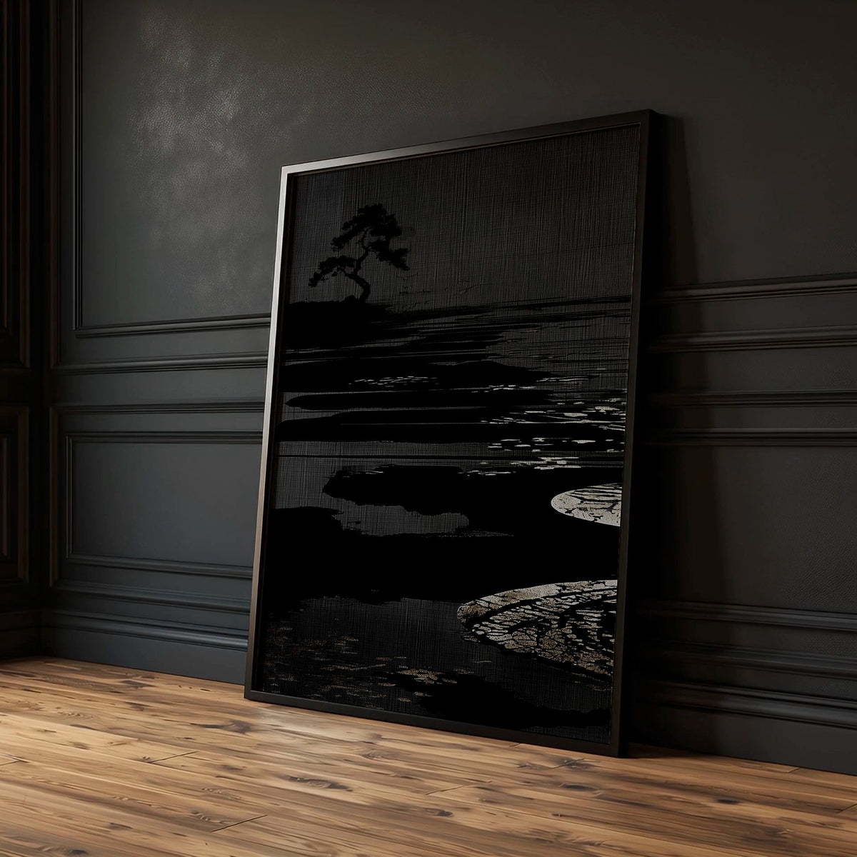 Canvas Pictures for Living Room Japandi Moon Landscape Black & White | Set of 3