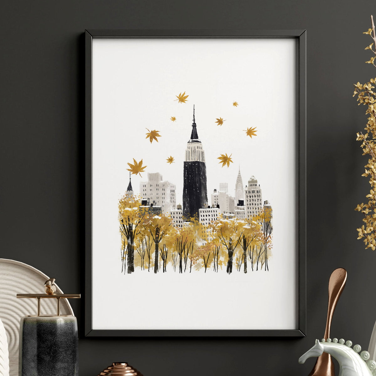 Framed New York Wall Art "Autumn in New York" Ochre Watercolour Travel Prints | Set of 3