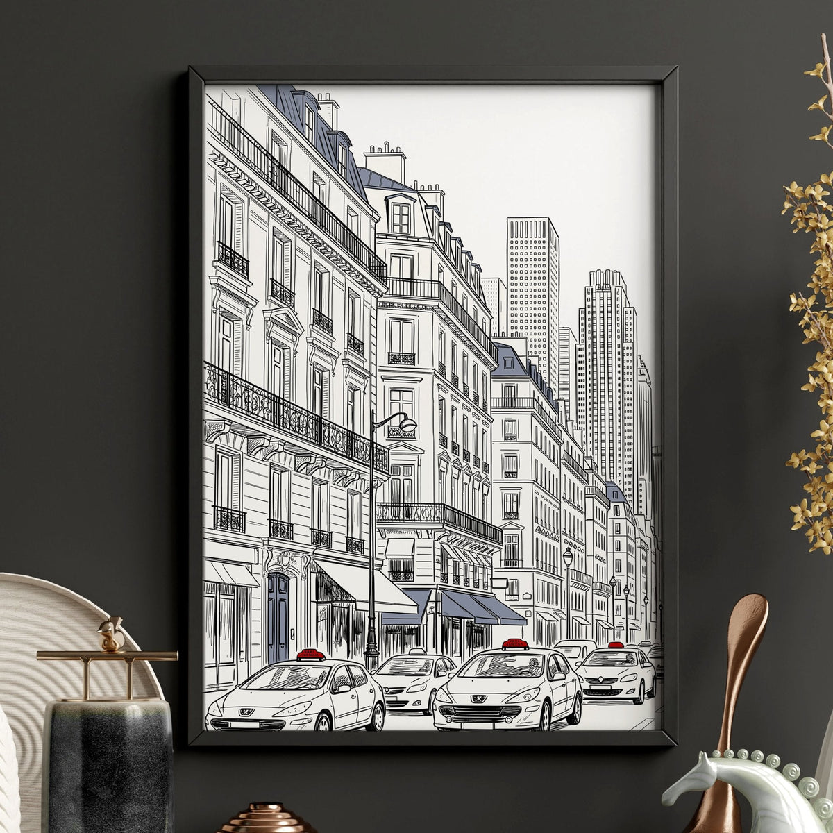 Paris Posters Black & White Street Scene with Eiffel Tower | Set of 2