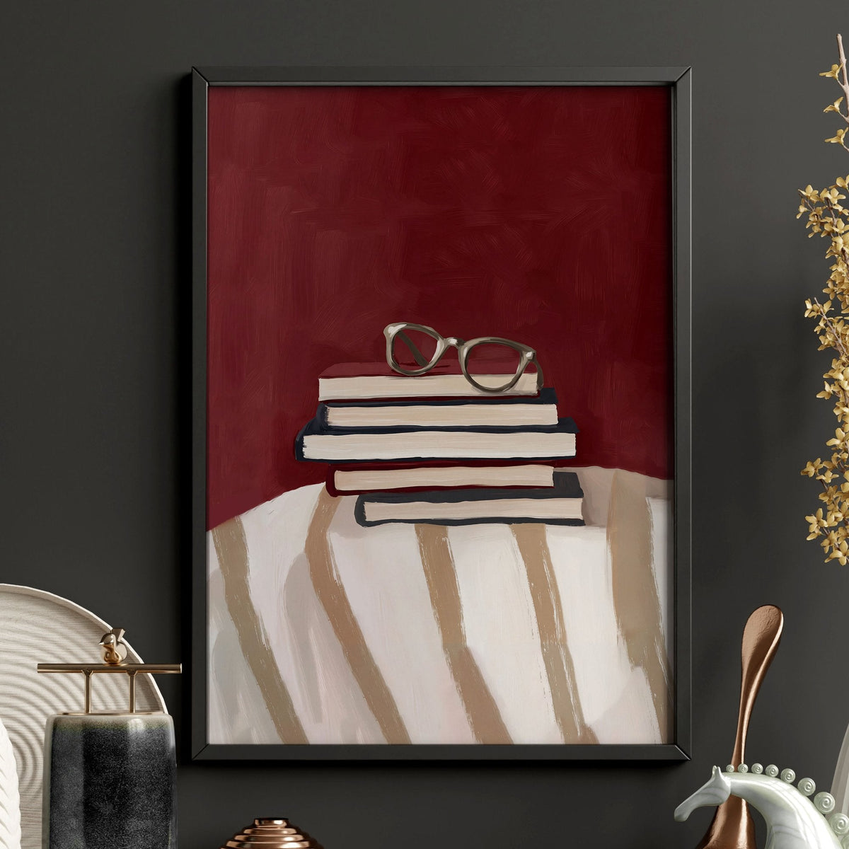 Lounge Room Wall Decor Bohemian Book Lover Burgundy Art Prints | Set of 3