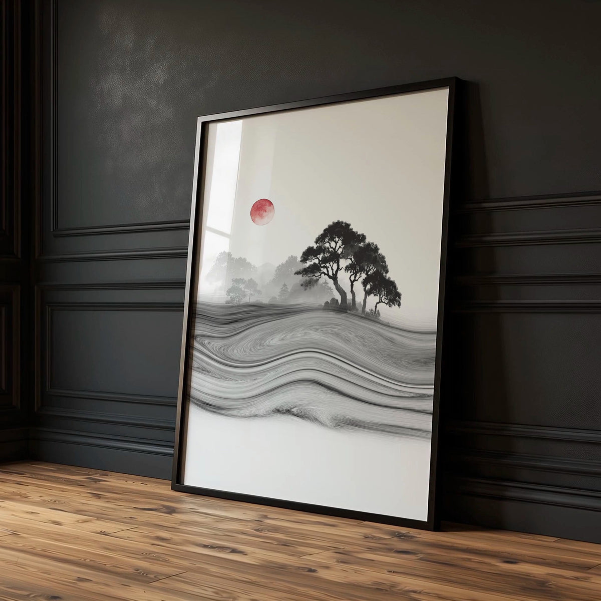 Black and White Artwork Japanese Ink Landscape with Red Sun Wall Art Prints | Set of 3
