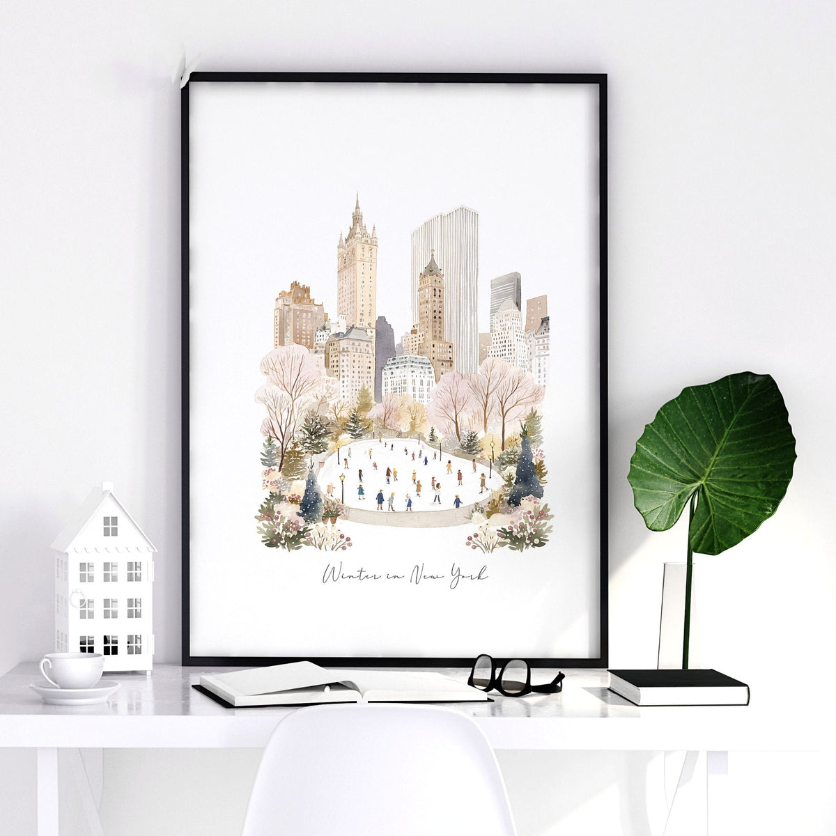 Pictures Above Fireplace New York Watercolour Travel Wall Art Prints | "Winter in New York" | Set of 3
