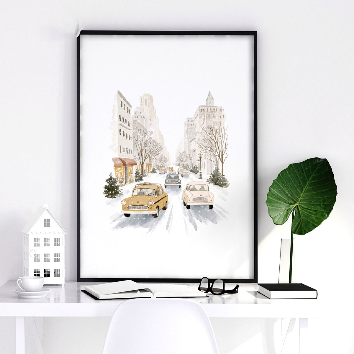 Pictures Above Fireplace New York Watercolour Travel Wall Art Prints | "Winter in New York" | Set of 3