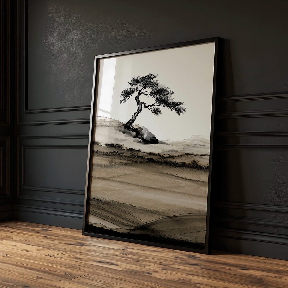 Black Framed Pictures Japandi Pine Tree Ink Art | Set of 3