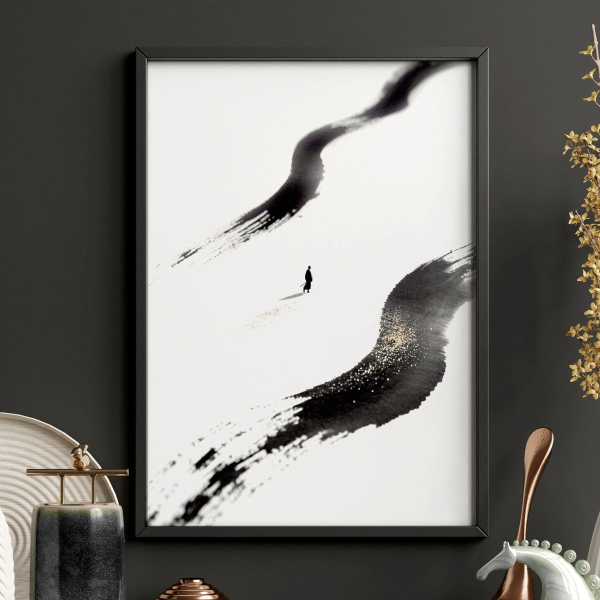 Japandi Wall Decor Black Ink Brush Solitary Figure with Gold-Toned Accents | Set of 3
