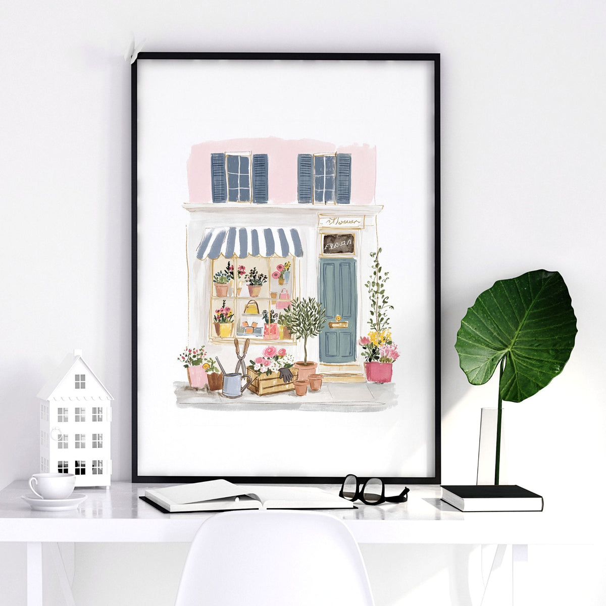 Kitchen Prints Watercolour Flower Shop Storefronts White Blue Pink | Set of 3