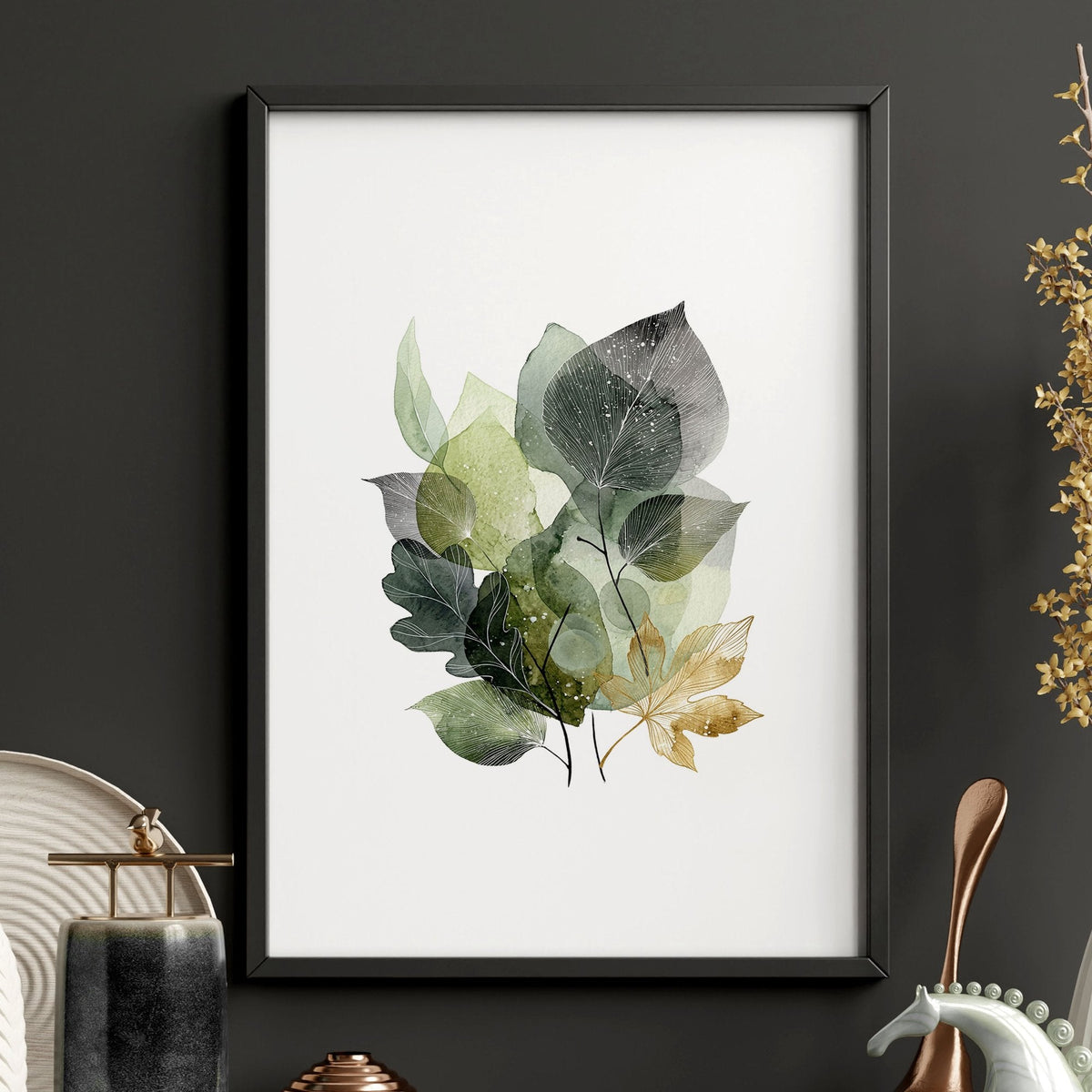 Prints for Living Room Botanical Green & Gold-Tone Watercolour Leaves | Set of 3