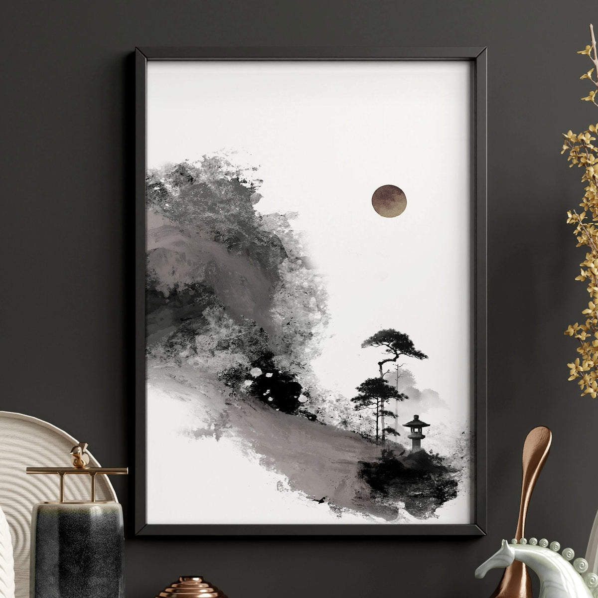 Calming Wall Art Japanese Ink Landscape with Maroon Sun, Black Pine Trees & Lone Fisherman | Set of 3