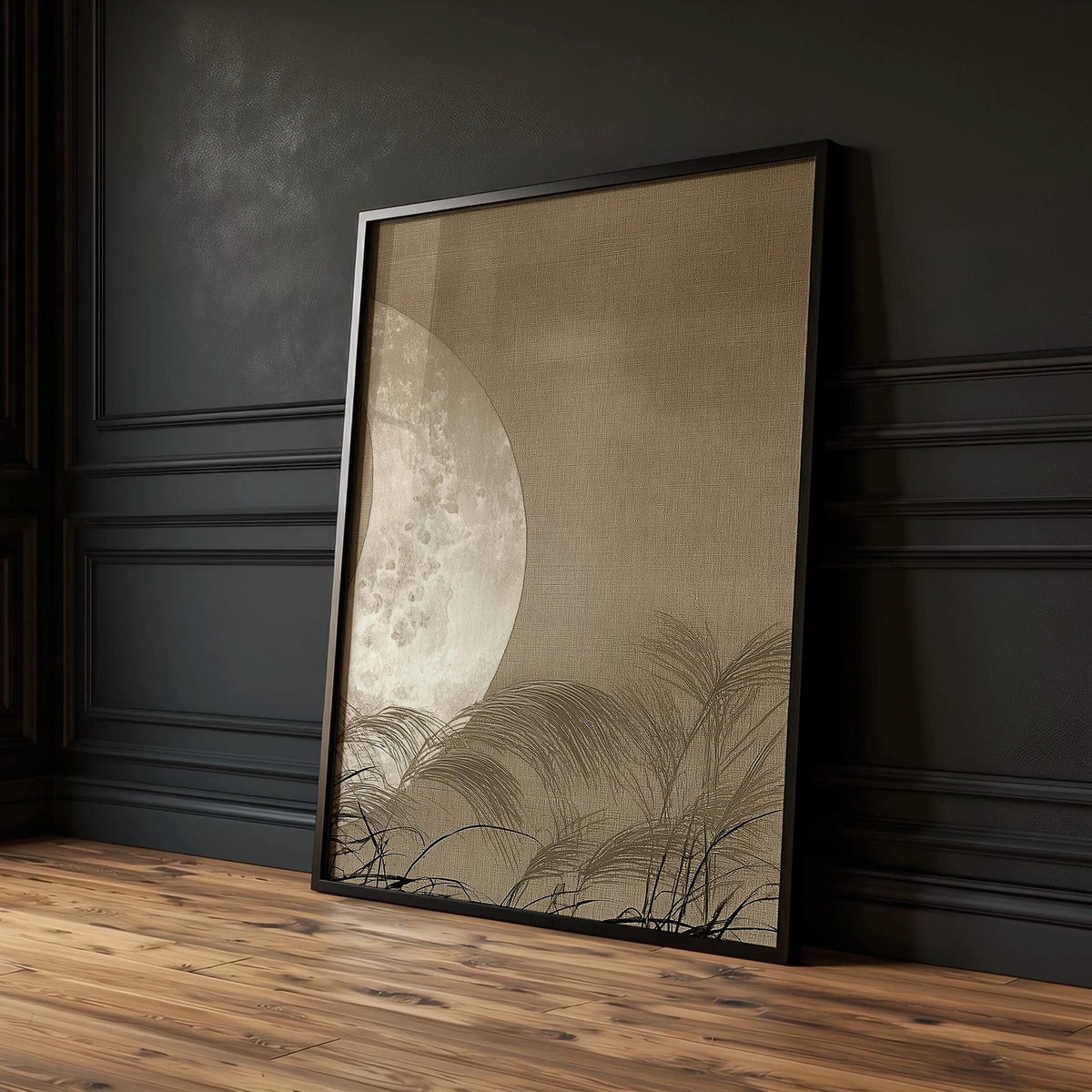 Japan Paintings Crescent Moon & Pampas Grass Japandi Wall Art Prints | Set of 3