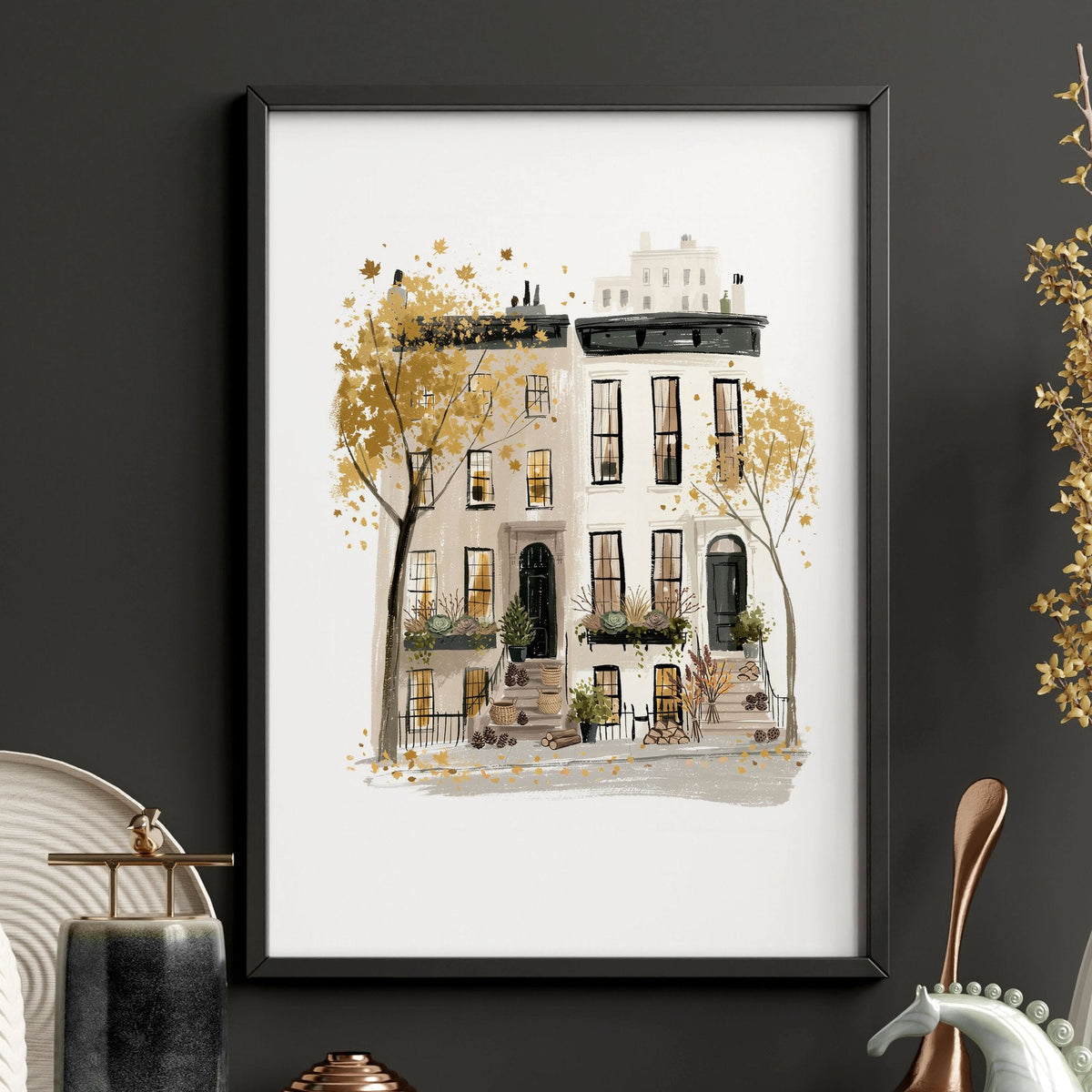Framed New York Wall Art "Autumn in New York" Ochre Watercolour Travel Prints | Set of 3
