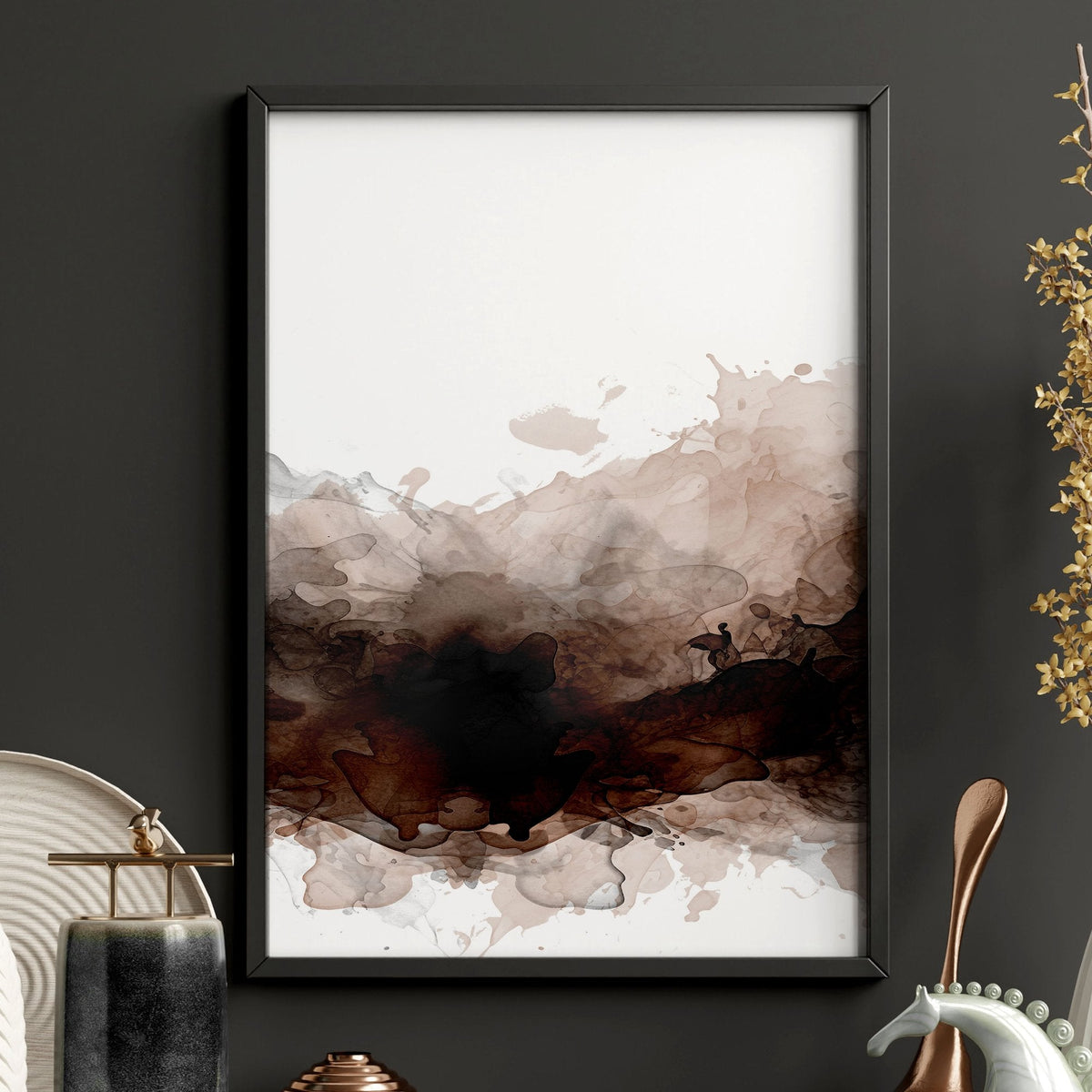 Japandi Japanese Ink Wash Wall Art Canvas for Living Room | Bonsai, Bridge & Moon Brown Tones | Set of 3