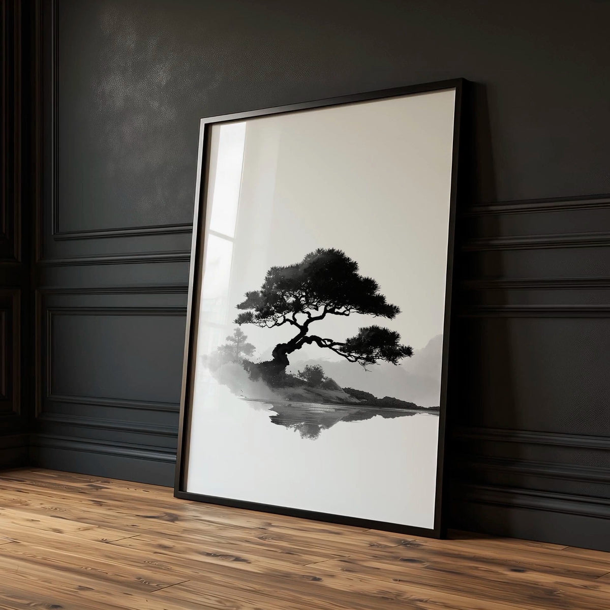 Landscape Art Painting Japanese Ink Zen Bonsai & Red Sun Wall Art Prints | Set of 3