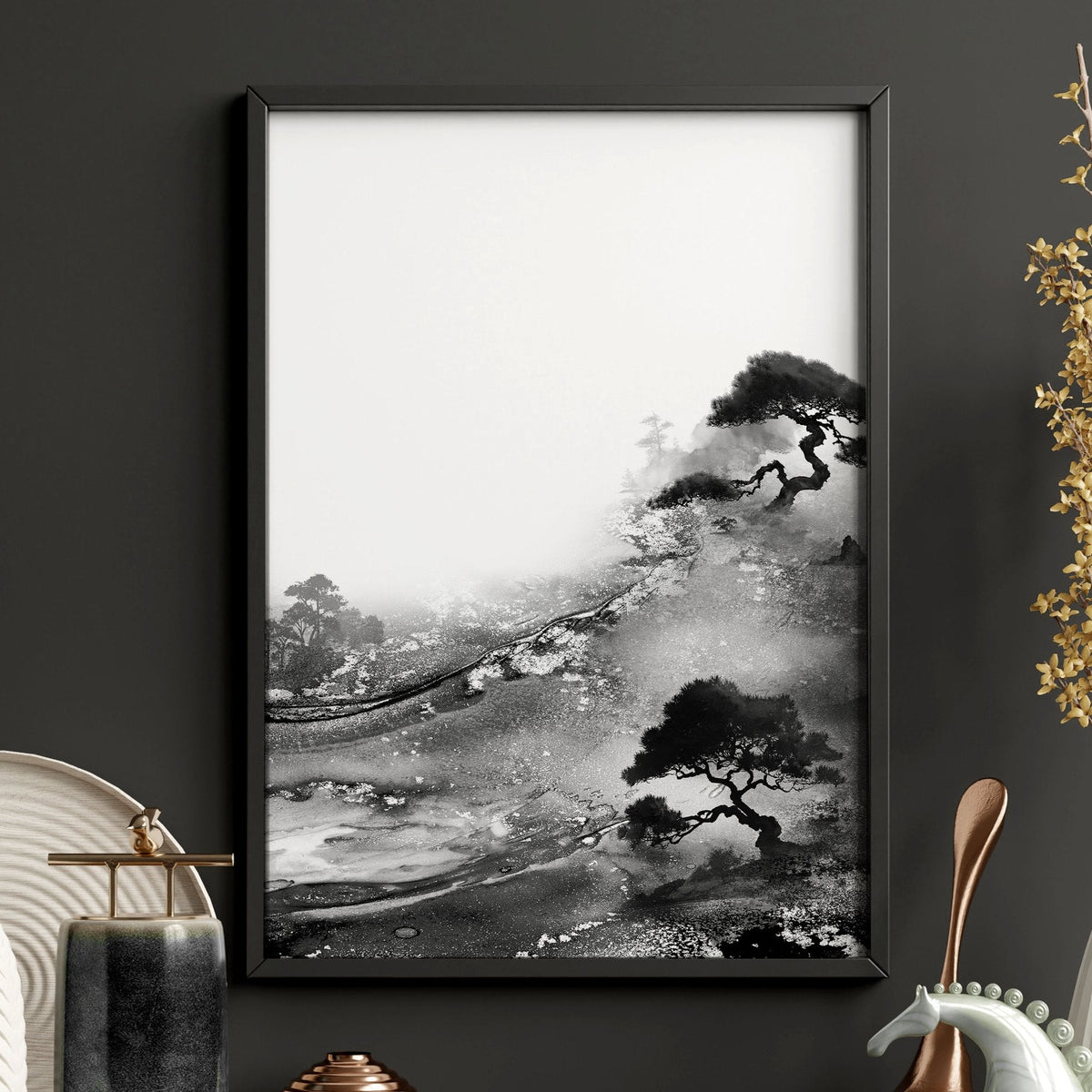 Chinese Wall Art Black & White Ink Landscape Red Sun Japandi | Set of 3