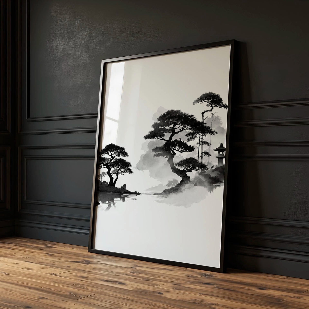 Landscape Art Painting Japanese Ink Zen Bonsai & Red Sun Wall Art Prints | Set of 3