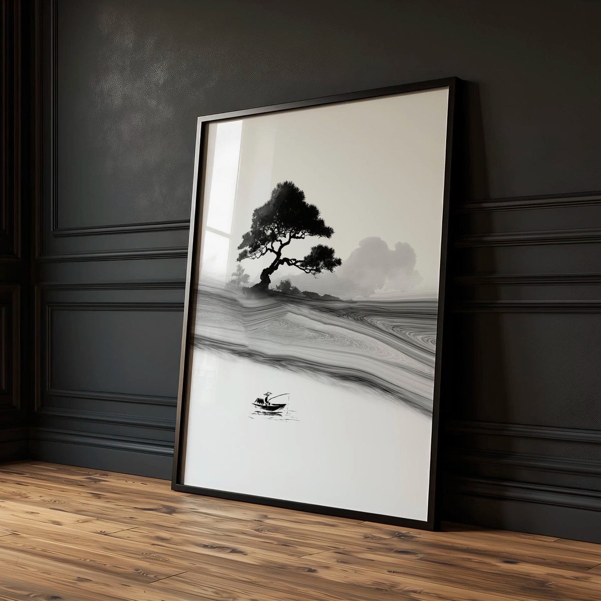 Traditional Japanese Wall Art Ink Landscape with Red Moon, Black & White | Set of 3