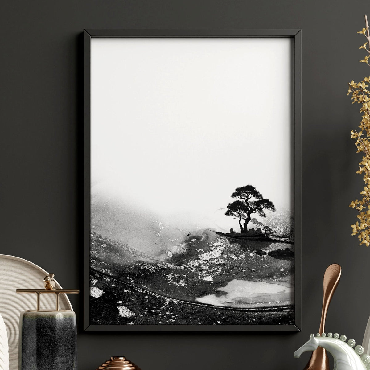 Living Room Wall Art Paint | Japanese Ink Landscape Red Sun Black White | Set of 3