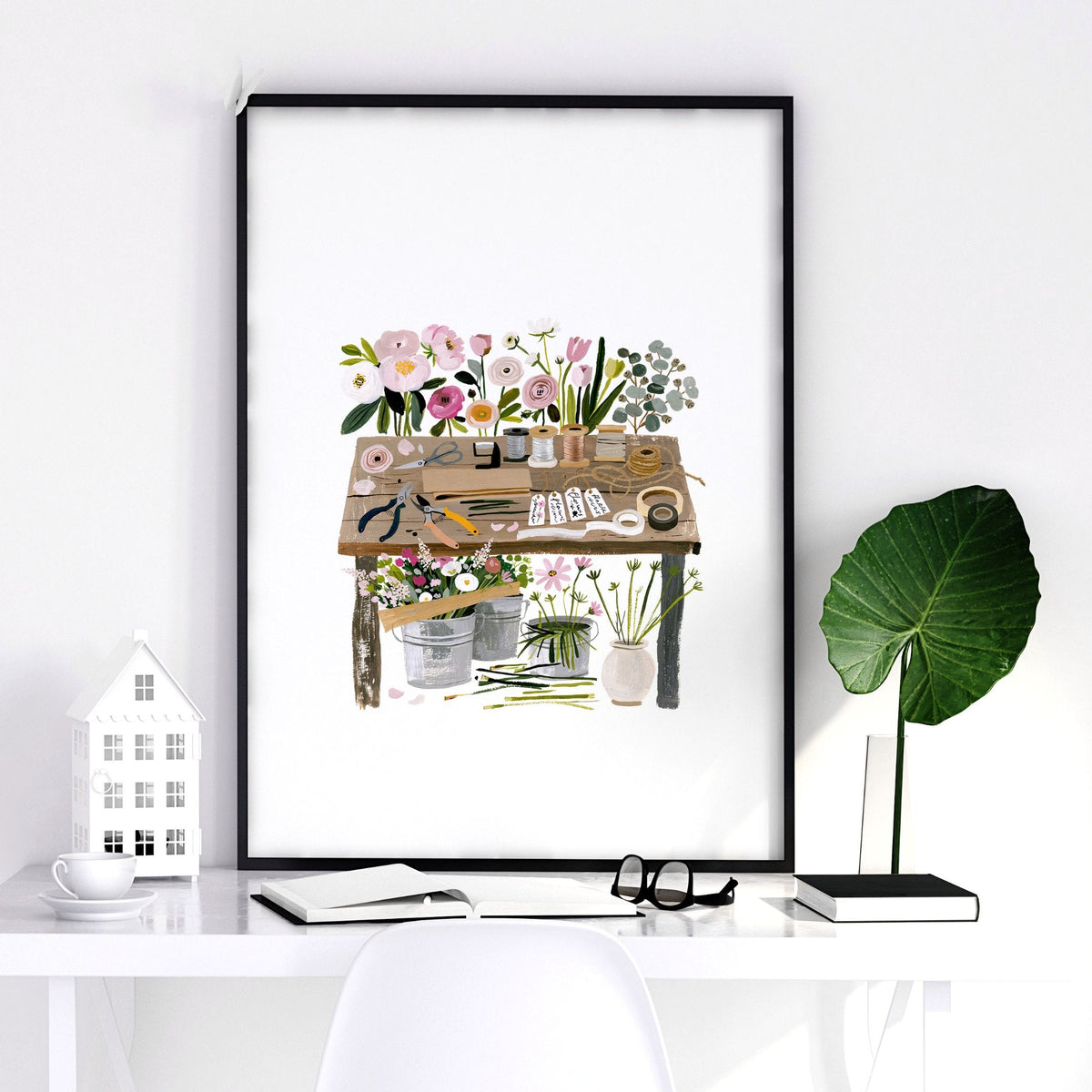 Large Wall Art Green Cottage Flower Shop Illustration | Set of 3