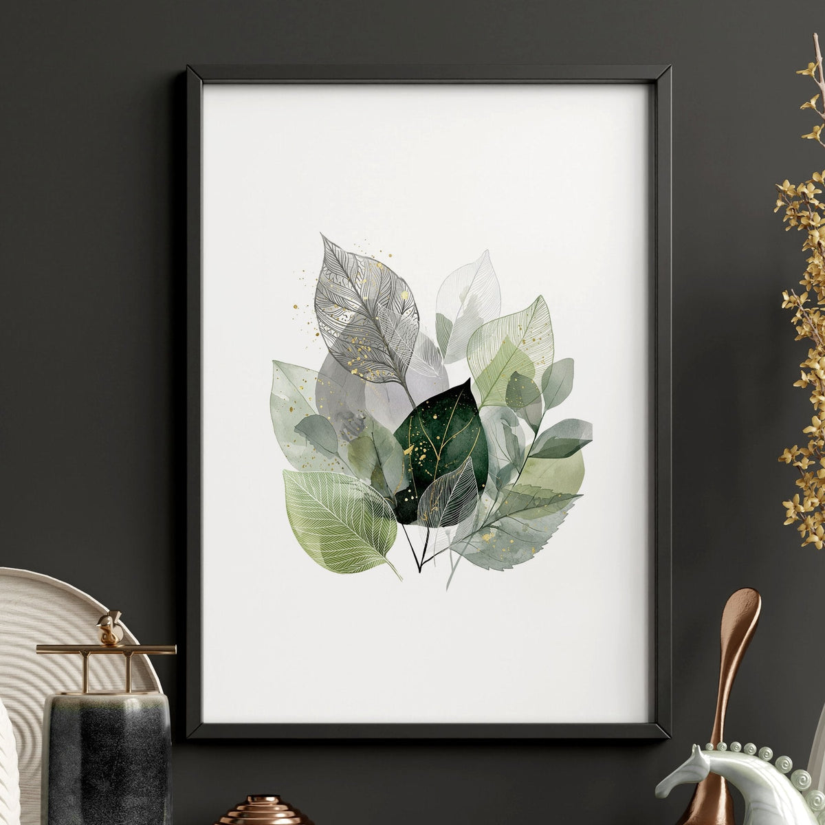 Paintings for Home Office Botanical Watercolour Leaves Green & Gold Wall Art Prints | Set of 3
