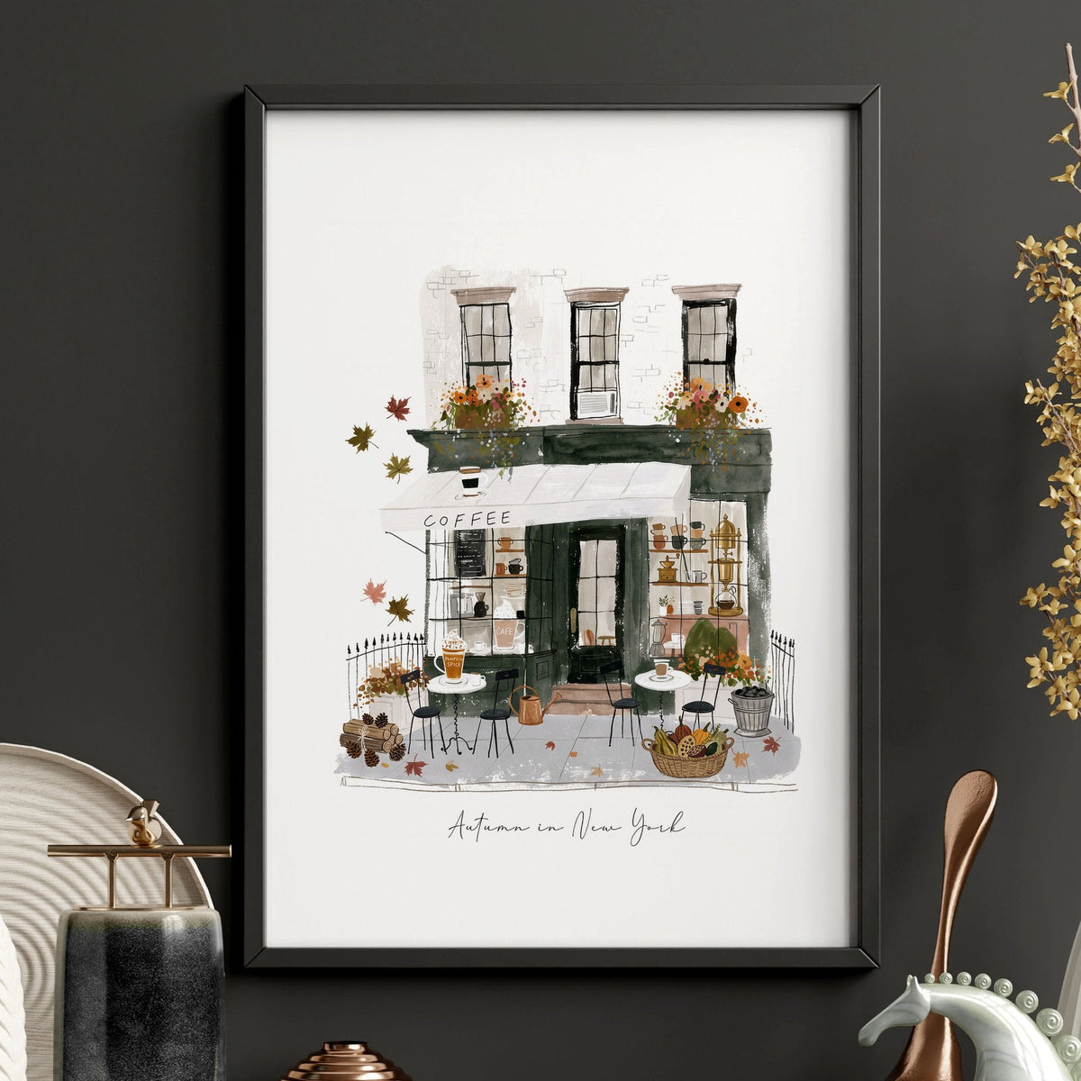 Framed New York Wall Art "Autumn in New York" Ochre Watercolour Travel Prints | Set of 3