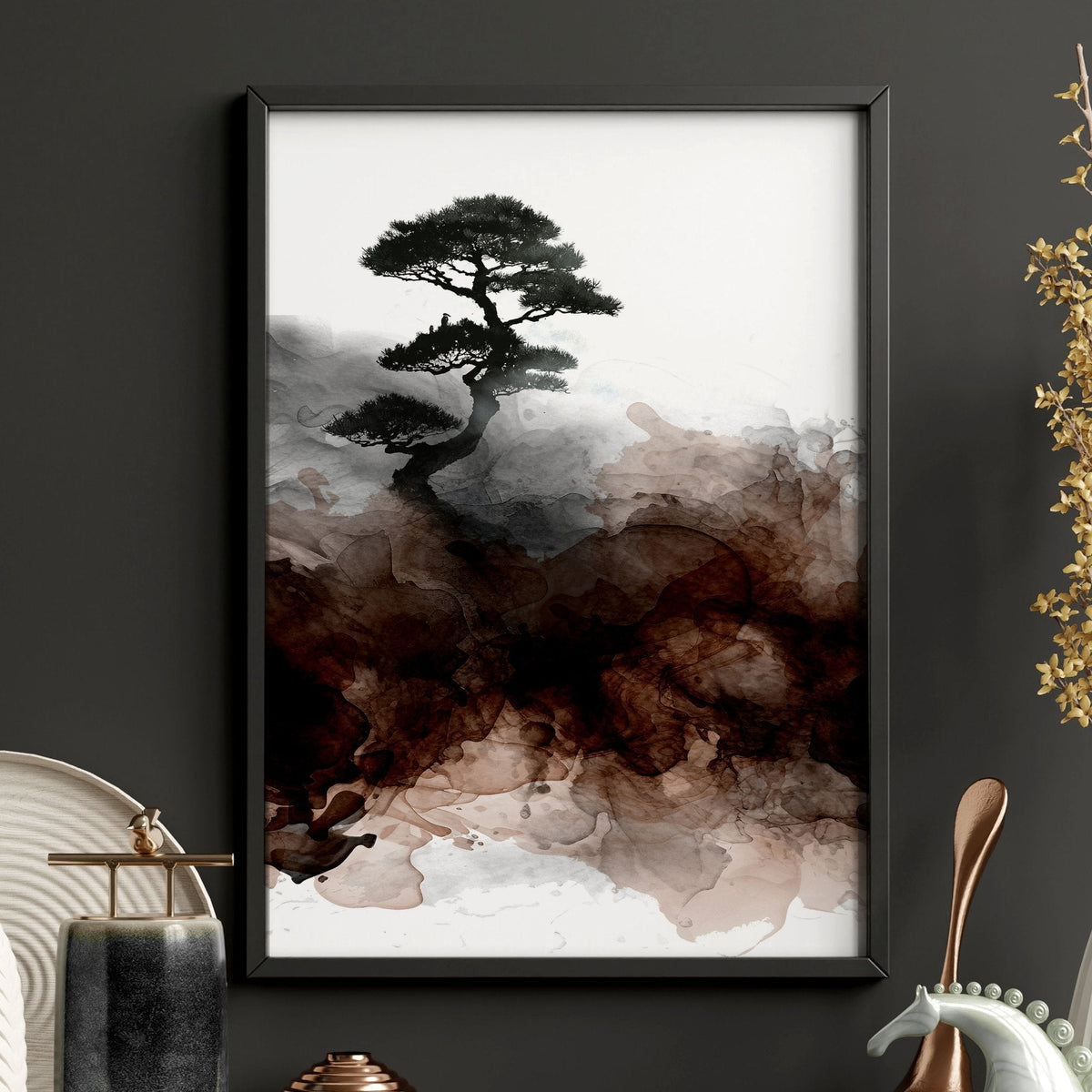 Japandi Japanese Ink Wash Landscape Wall Art Prints | Bonsai, Bridge & Moon | Set of 3