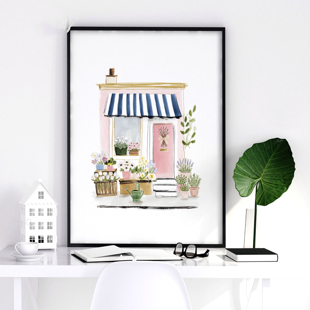 Pink Pictures Watercolour Flower Shop Cottage Fronts Wall Art Prints | Set of 3