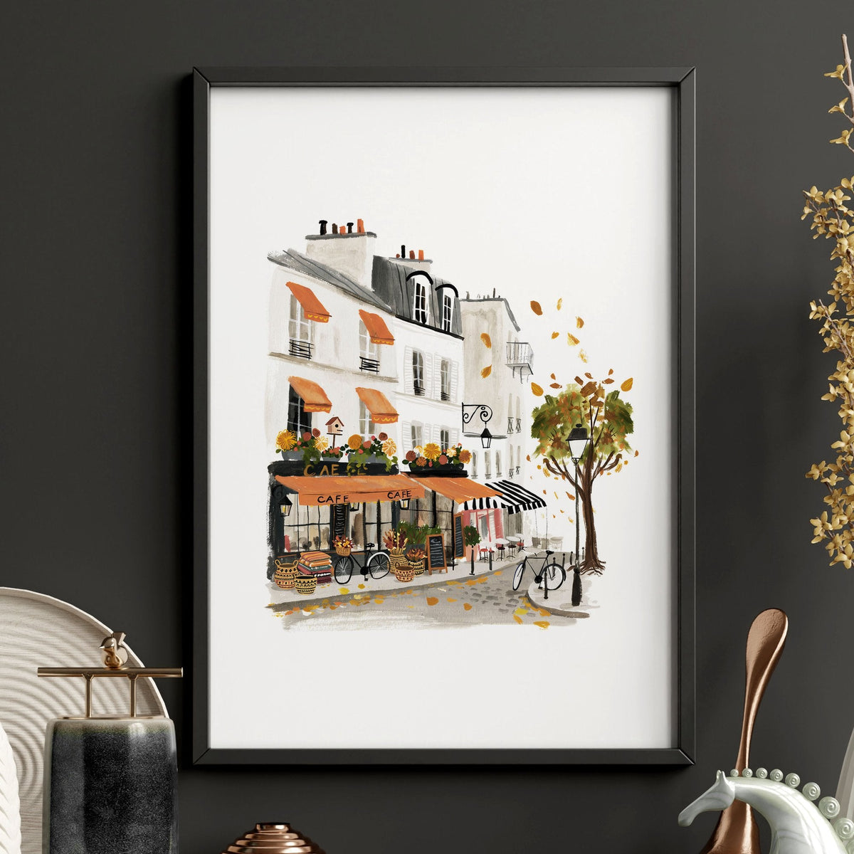 Paris Fireplace Wall Art | Autumn Eiffel Tower, Montmartre Café & Notre-Dame Watercolour Prints "Paris aux couleurs de l'automne" | Set of 3