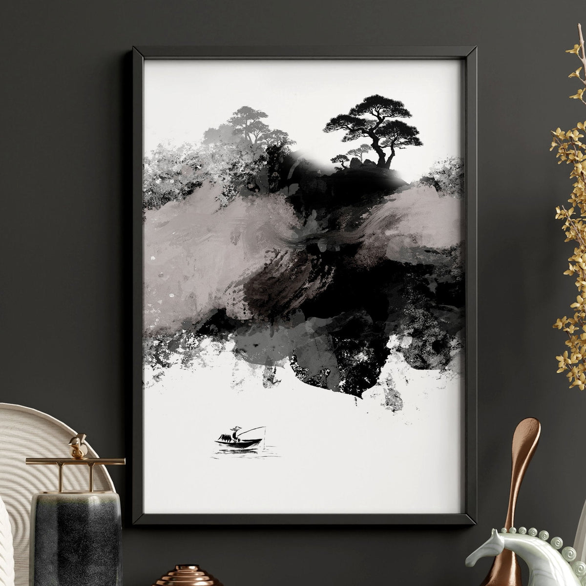 Calming Wall Art Japanese Ink Landscape with Maroon Sun, Black Pine Trees & Lone Fisherman | Set of 3