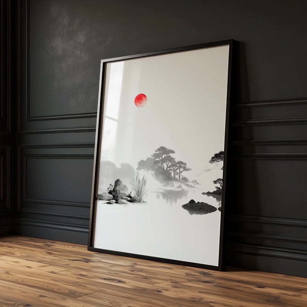 Landscape Art Painting Japanese Ink Zen Bonsai & Red Sun Wall Art Prints | Set of 3