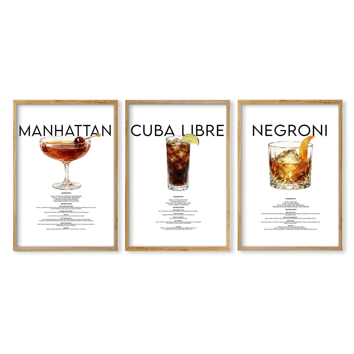 Cocktail Bar Wall Art "Manhattan, Cuba Libre & Negroni" Recipe Prints | Set of 3