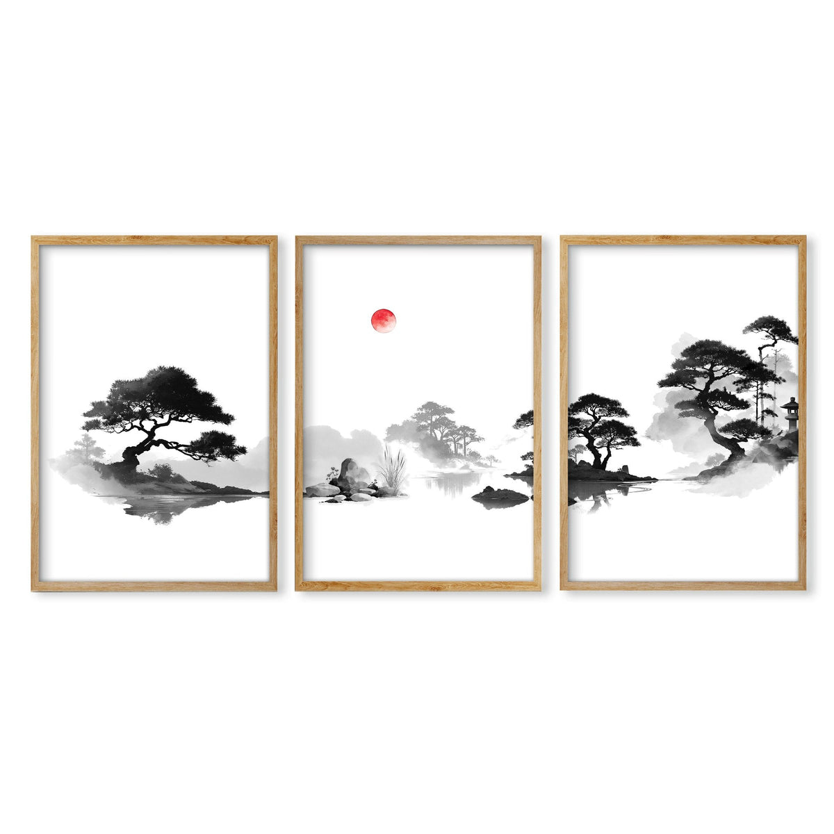 Landscape Art Painting Japanese Ink Zen Bonsai & Red Sun Wall Art Prints | Set of 3